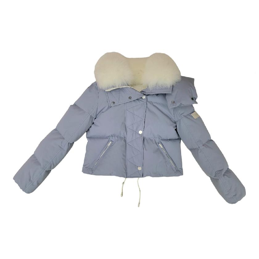 Puffer Jacket Cotton Blended/Fox Trimming - Bluestone/Ivory