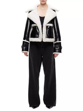 Load image into Gallery viewer, Leather Reva Shea Shearling Jacket - Black &amp; White
