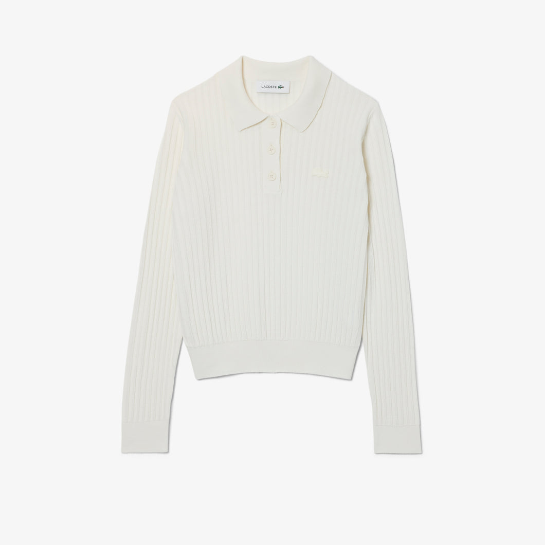 Ribbed Knit Polo Shirt  - White