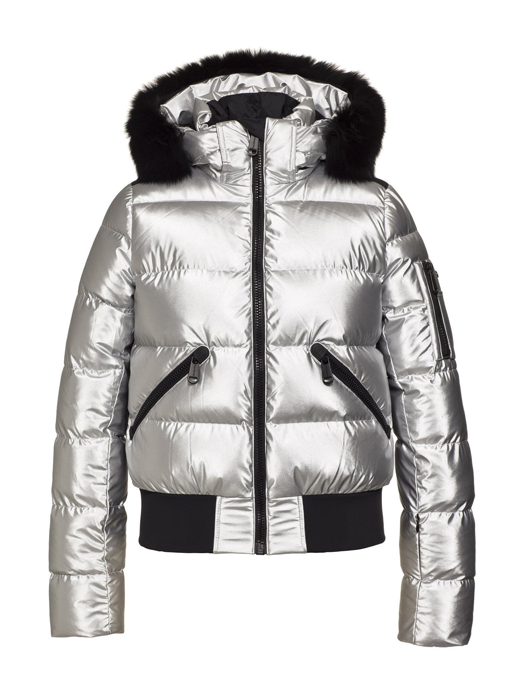 Aura Ski Jacket Real Fox Fur Ladies Woven - SILVER