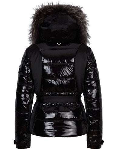 Black patent coat outlet with fur hood